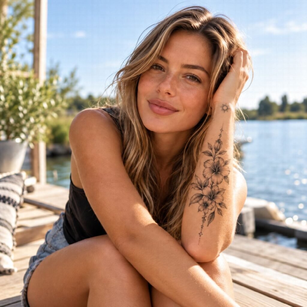 Frau am Wasser mit einem temporären Blumen-Tattoo am Unterarm